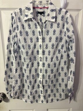 Talbots White Button-Down Shirt with Navy Pineapple Motif
